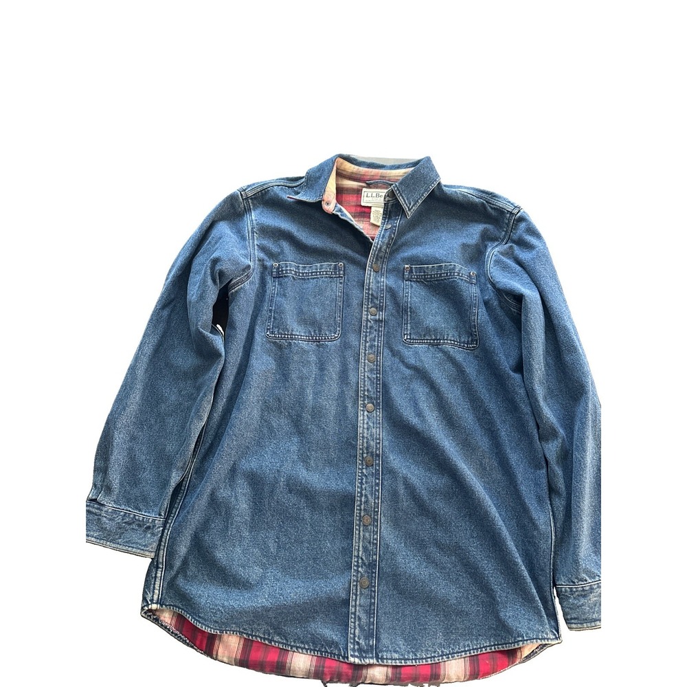 Vintage L.L. BEAN Mens Sz Large Denim Shacket Red Plaid Lined Shirt Heavyweight - Picture 1 of 7